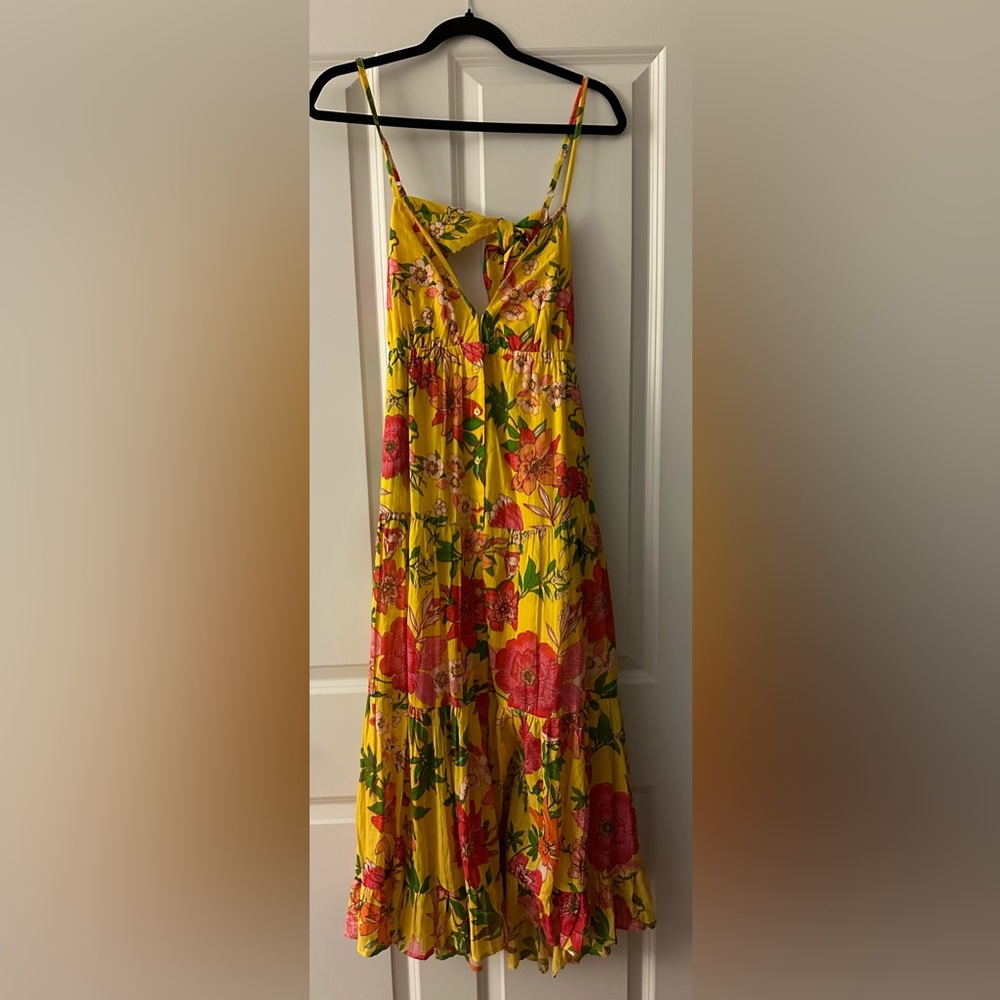 Band Of The Free Women’s Size Small Yellow-Pink Floral Midi Dress Ties Back NWT